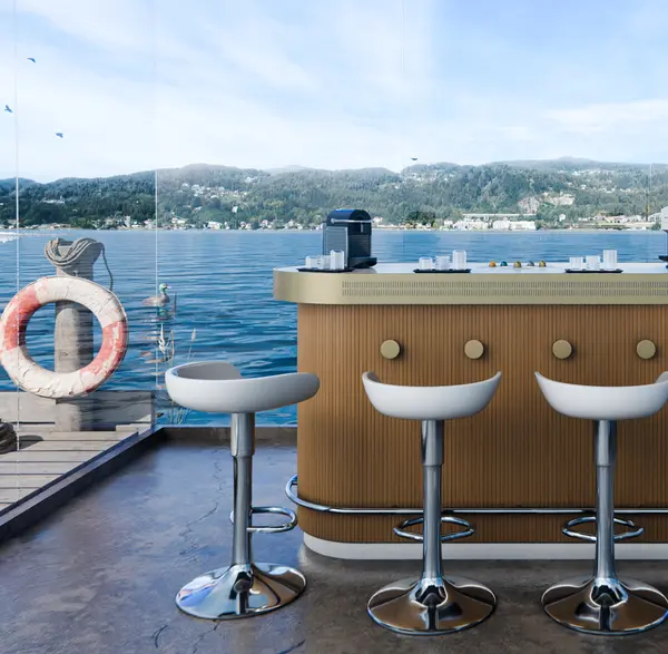 3D render of a glass coffee tasting experience surrounded by immersive digital lake displays