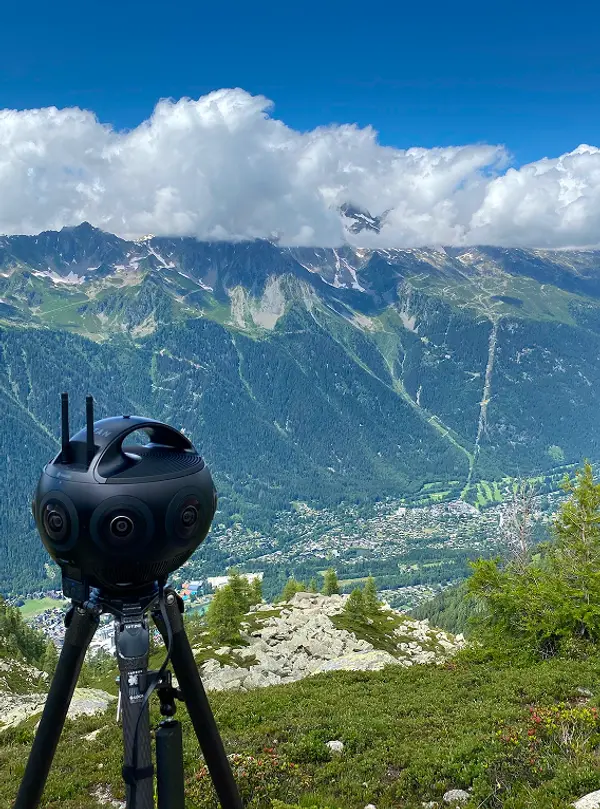 Behind-the-scenes shot of a Titan 360 camera set up on a mountain