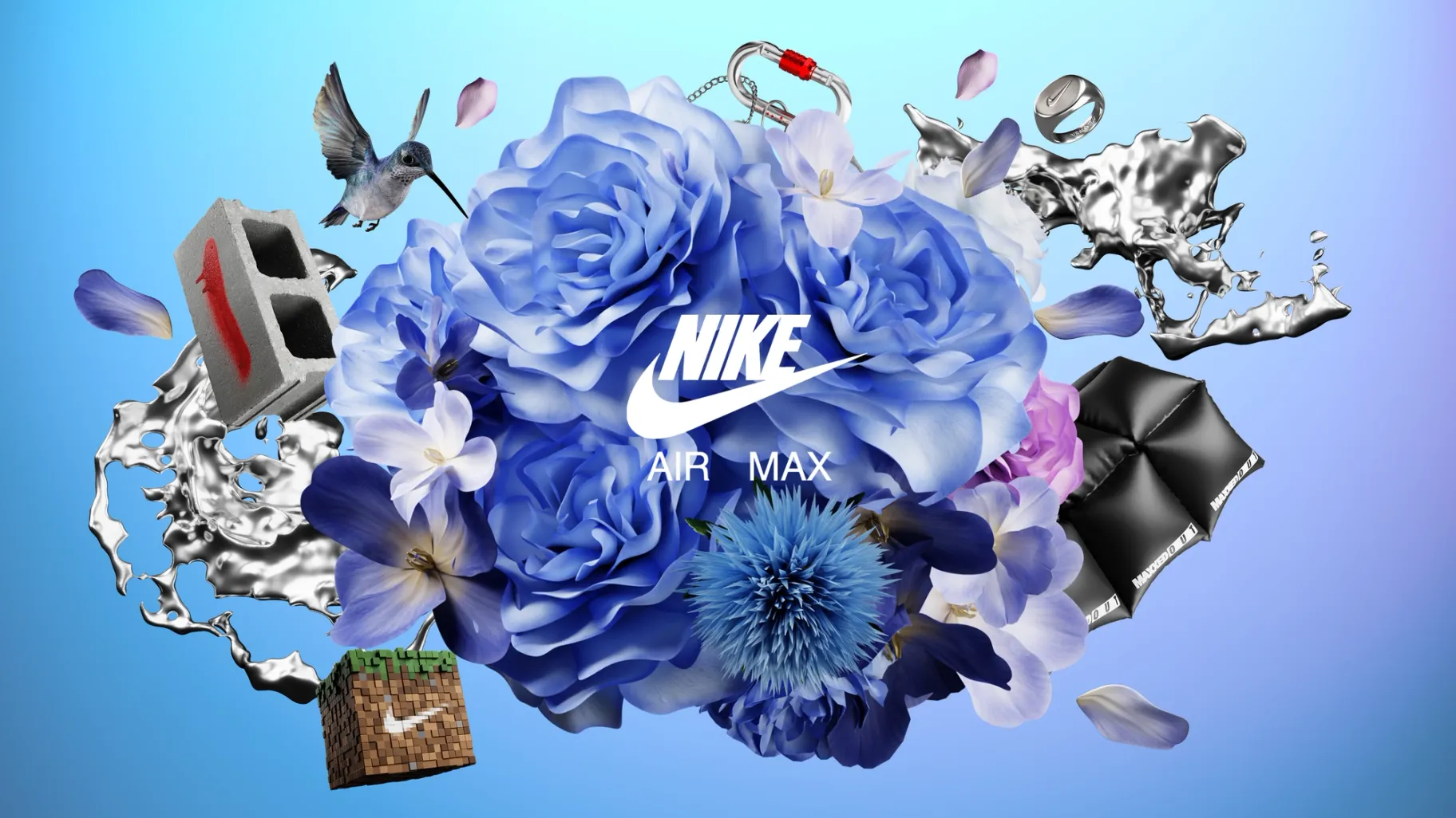 3D render of Nike Air Max trainers floating in a zero-gravity environment