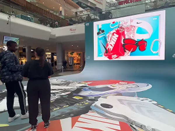 Digital out-of-home display showing the Nike Air Max interactive 3D experience at Westfield Shopping Centre