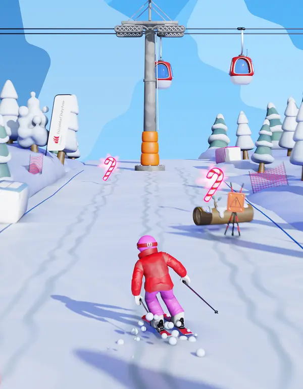 3D render of a Skimasters character racing down a stylised low-poly ski slope
