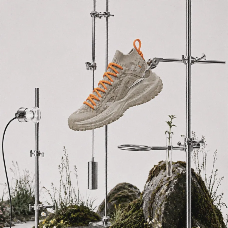 Grit shoe held within a laboratory-style frame in a white studio environment