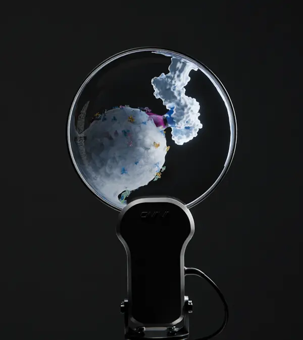 3D render of a robotic microscope examining a stylised cell and protein