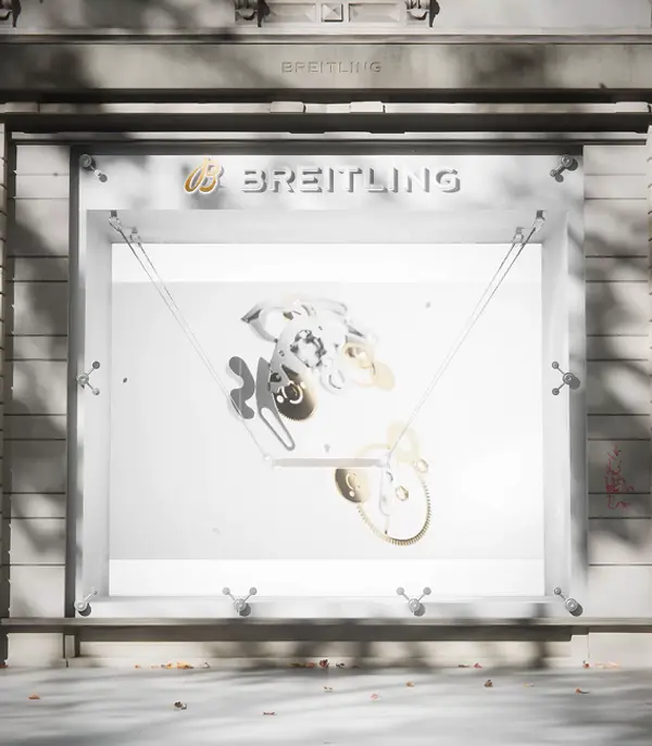 Storefront large-format display featuring 3D beauty renders of the Breitling Navitimer