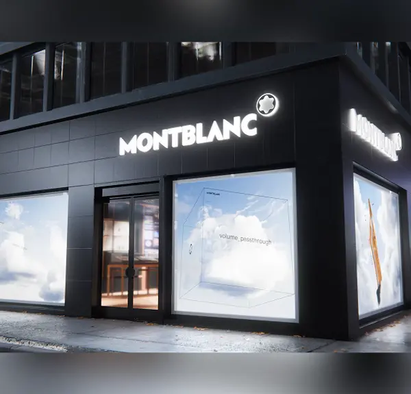 Exterior store render with large-format window displays showing Montblanc Meisterstück 3D visuals