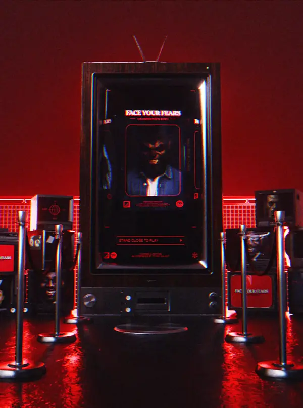 3D render of an 80s video rental-inspired digital display featuring the AI photo booth tech demo