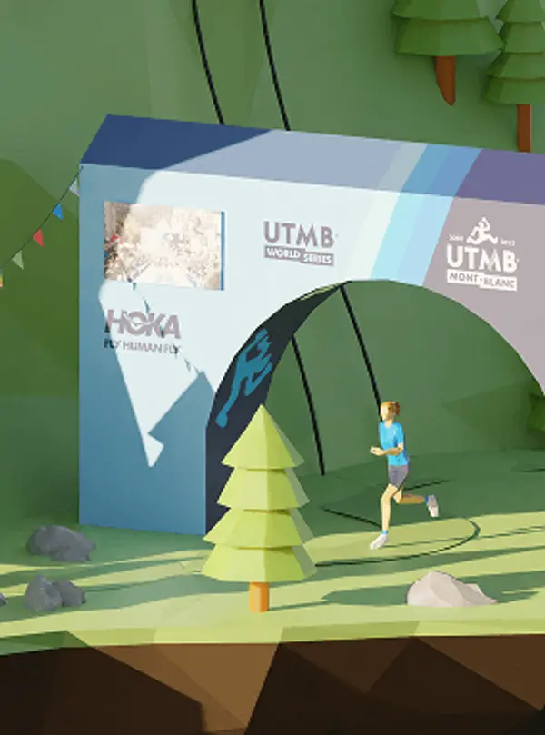 3D render of a low-poly HOKA shoe world with a runner crossing the start and finish line