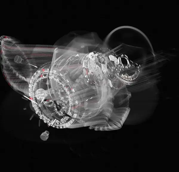 3D render of an exploded Breitling Navitimer watch in a stylised wireframe view