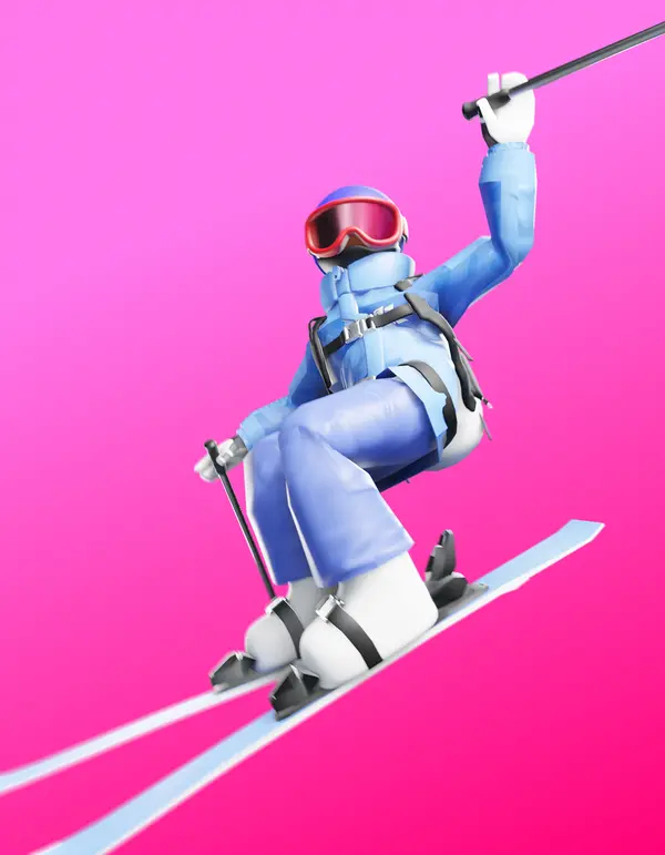 3D render of a Skimasters character posing mid-air above a ski slope