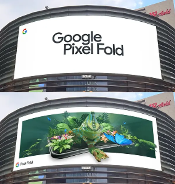 Two views of the Google Pixel Fold anamorphic billboard installation