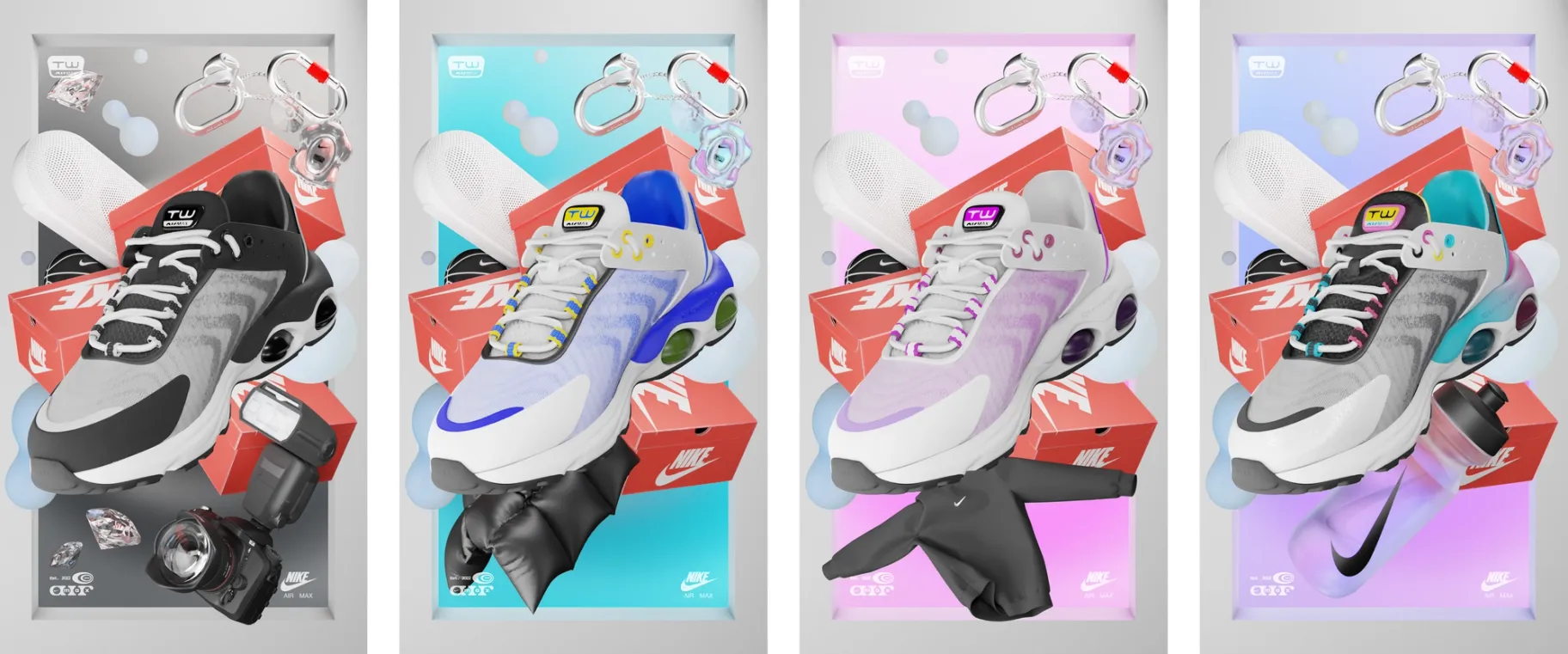 Four 3D renders of Nike trainers breaking out of frame in an anamorphic visual effect