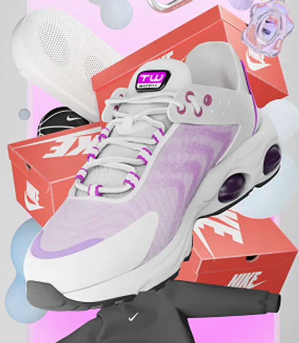 3D render of Nike trainers and shoe boxes floating in a zero-gravity environment