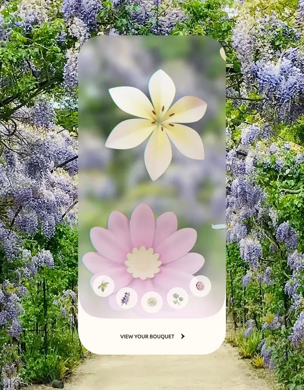 Mobile AR experience mockup with flowers gently floating around the screen