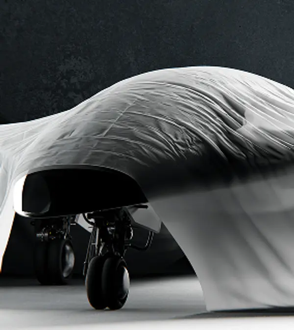 3D render of a white cloth draped over a futuristic concept jet