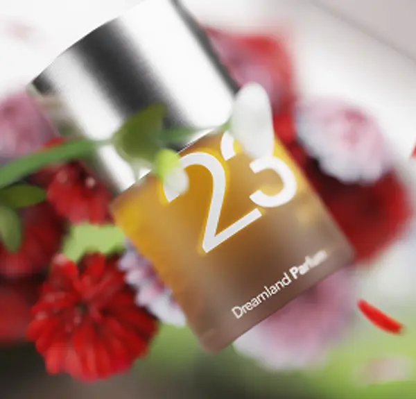 Close-up 3D render of a Haeckels bottle surrounded by flowers and petals
