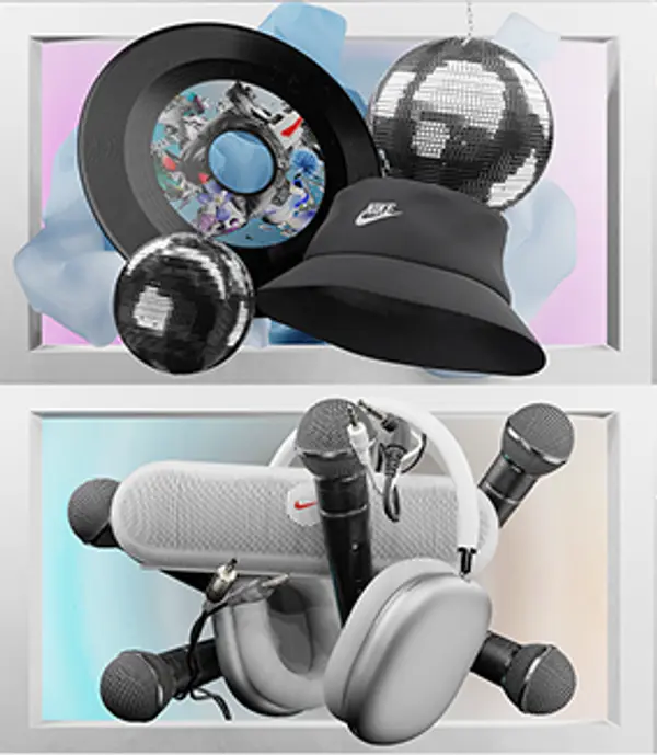 3D render of Nike accessories floating in a zero-gravity environment