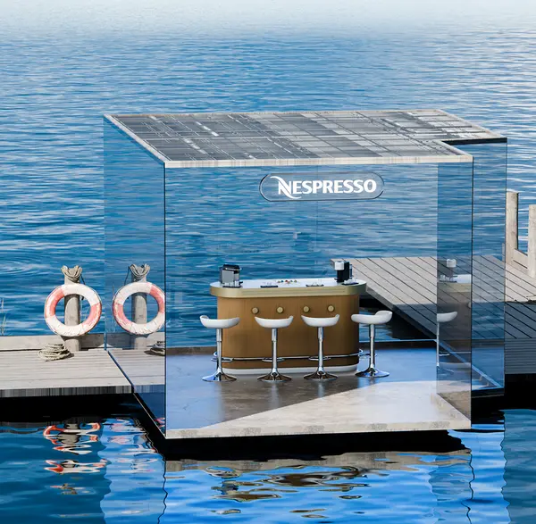 3D render of a glass coffee tasting experience floating on a European lake