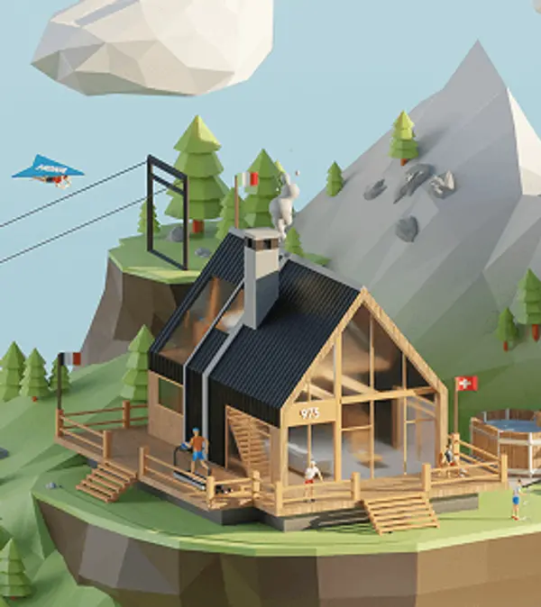 3D render of the HOKA shoe world showing the base camp building