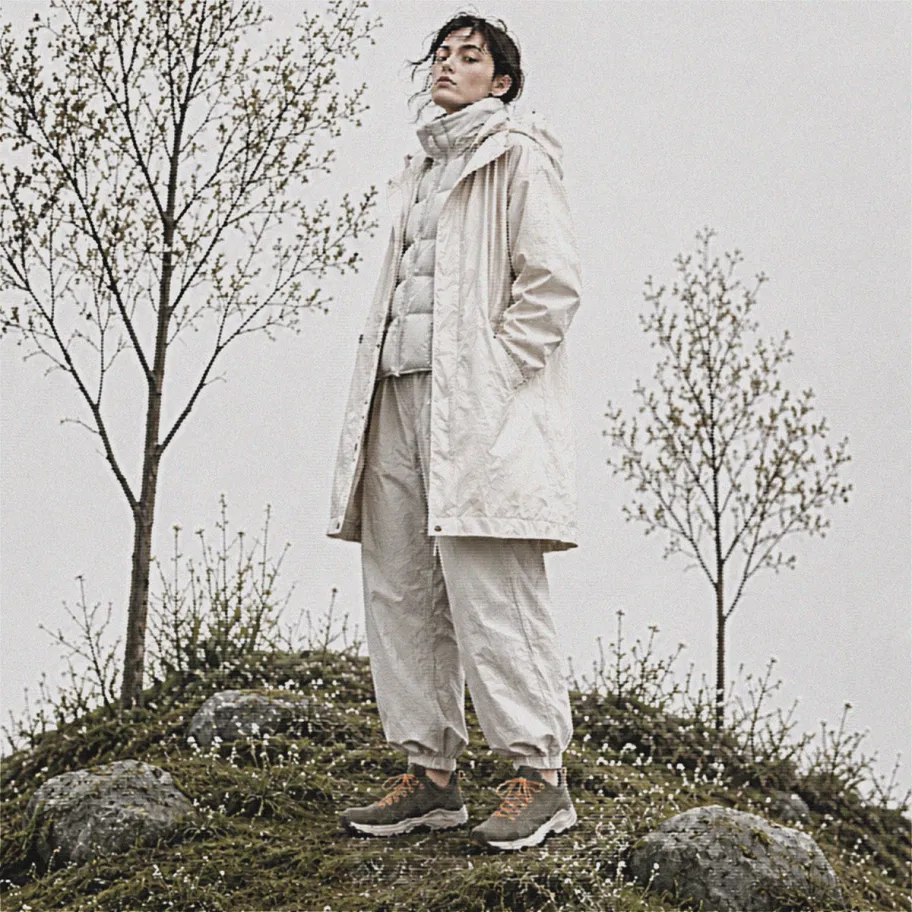 Model standing on an artificial hill inside a white studio environment for Grit