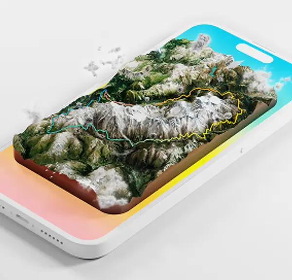 Mobile device displaying a 3D render of the UTMB mountain terrain