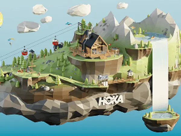 Wide 3D render of a HOKA shoe world showing activities around the mountain base camp