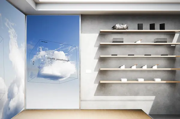 In-store render of a large-format display featuring 3D cloud visuals for Montblanc