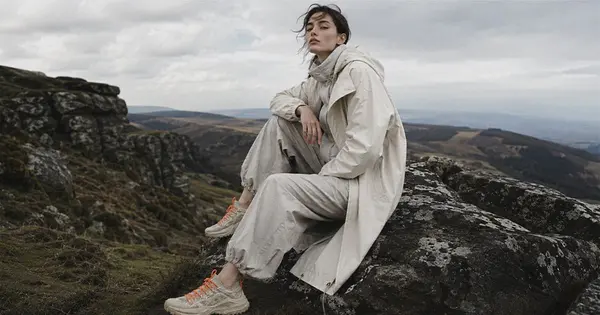 Model wearing Grit outdoor wear sitting on a rock above the Peak District