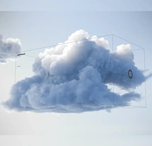 3D render of a cloud inside a branded wireframe box, lit by sunlight for the Montblanc Meisterstück experience