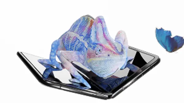3D render of a photorealistic chameleon sitting on a Google Pixel Fold