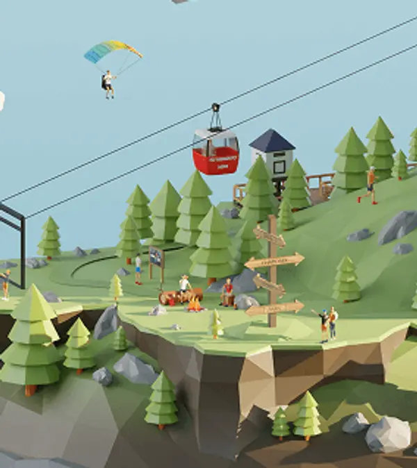 3D render of a low-poly HOKA shoe world with a cable car travelling over the mountain