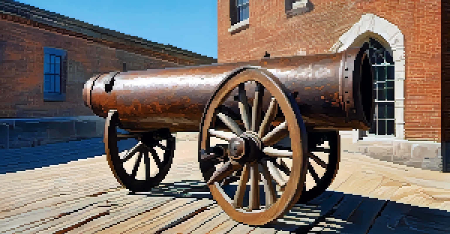 Close-up of a weathered wooden cannon at Fort Brooke, showing detailed textures against a clear sky and historical buildings.