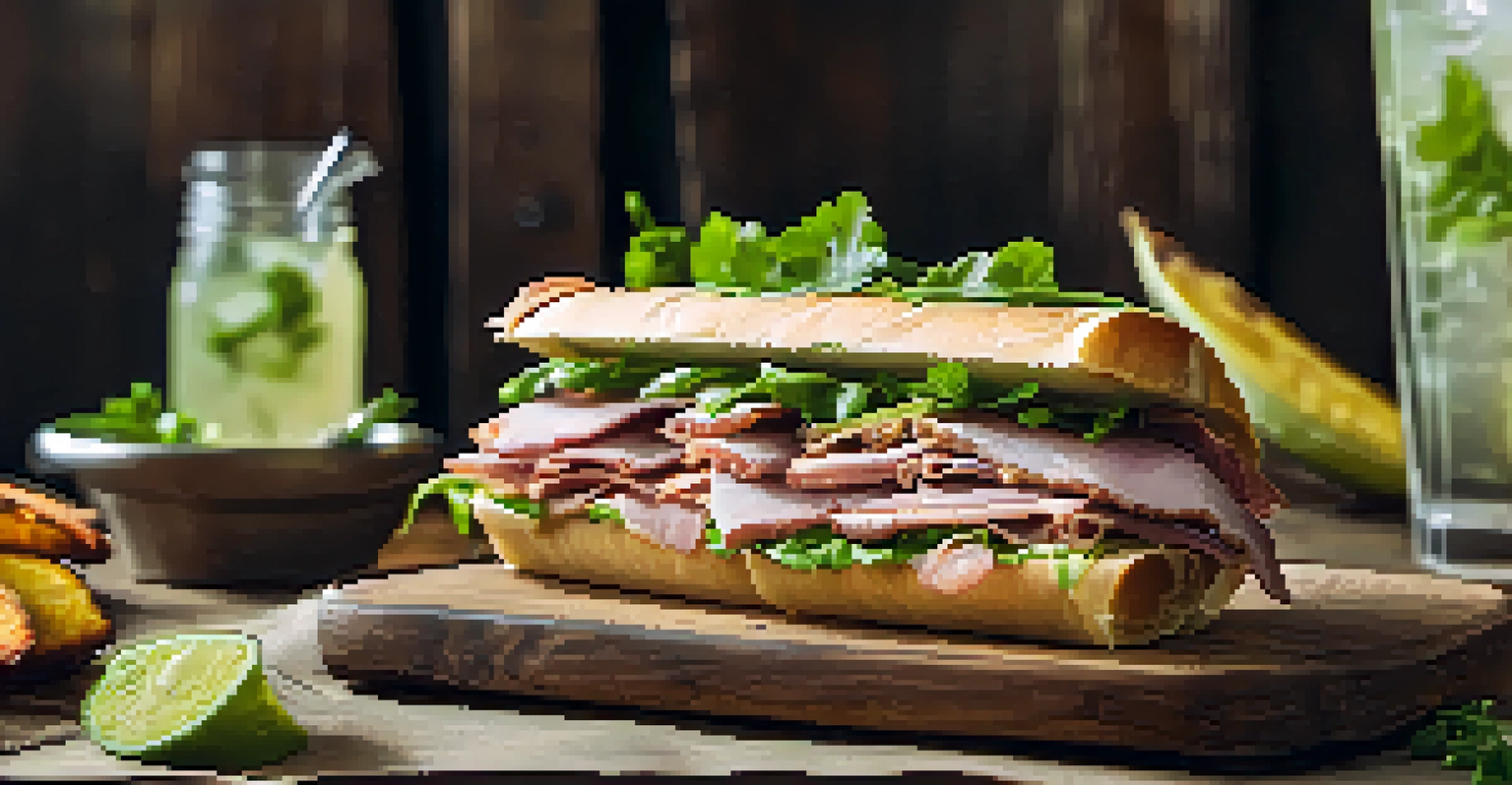 A close-up view of a Cuban sandwich with layers of meat and cheese, accompanied by plantain chips and a mojito.