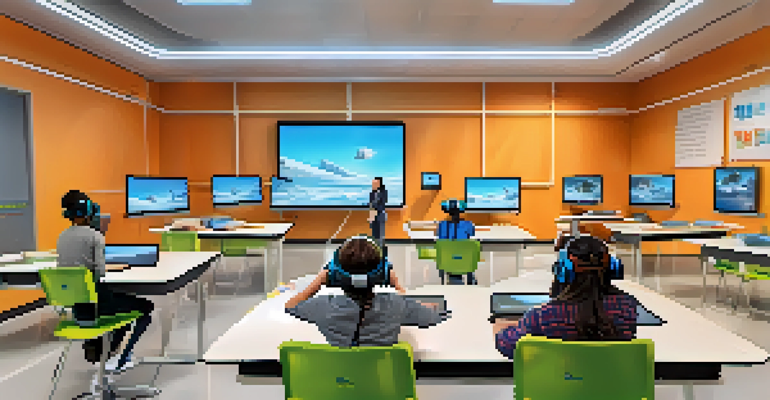 A modern classroom with students using virtual reality headsets and tablets, guided by a teacher in a tech-savvy environment.