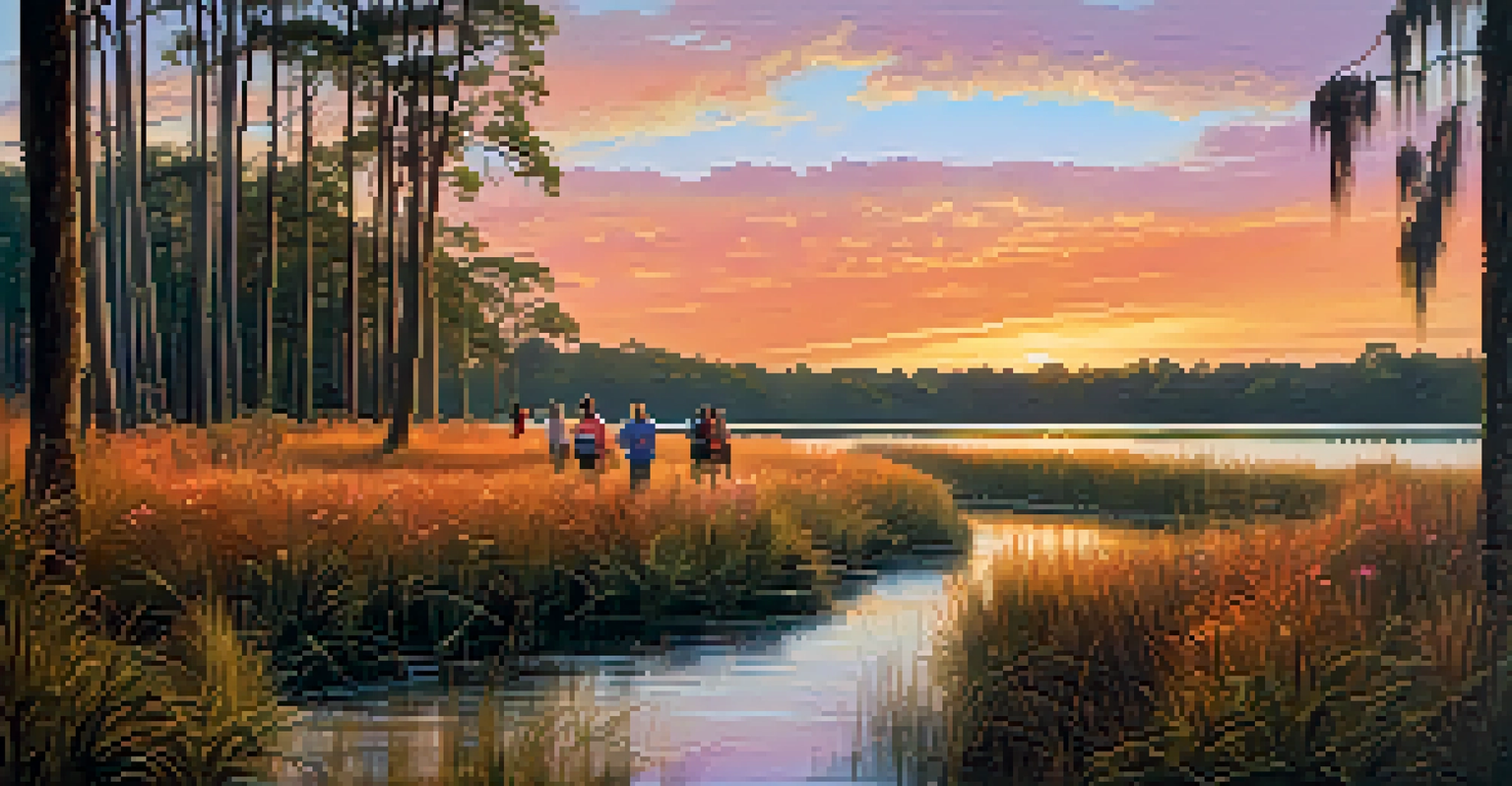 A sunset view of a river with people hiking along a trail, surrounded by trees and wildflowers, under a colorful sky.