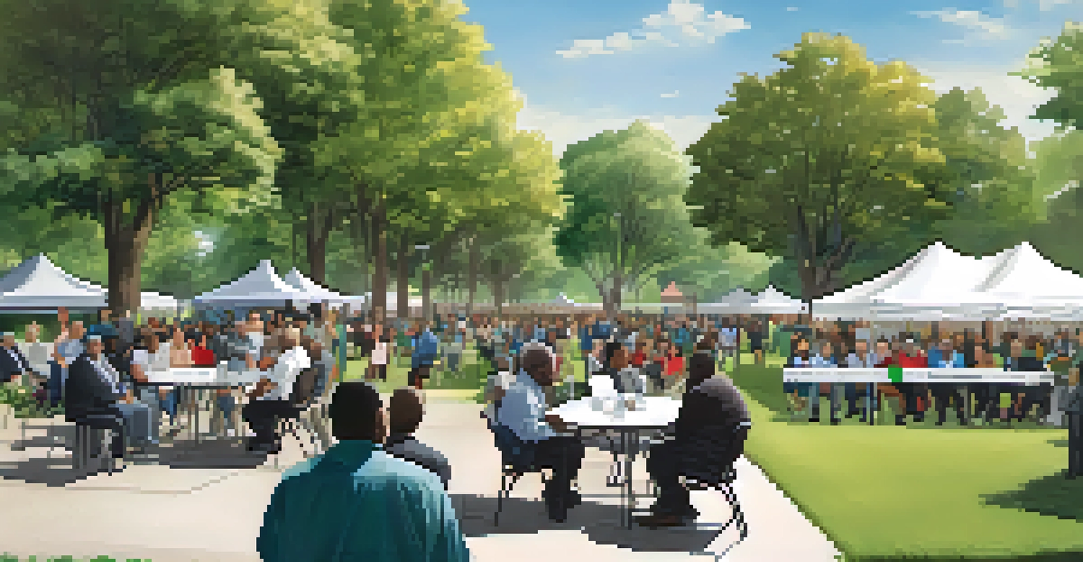 Residents and officials at a community forum discussing affordable housing solutions in a park setting.