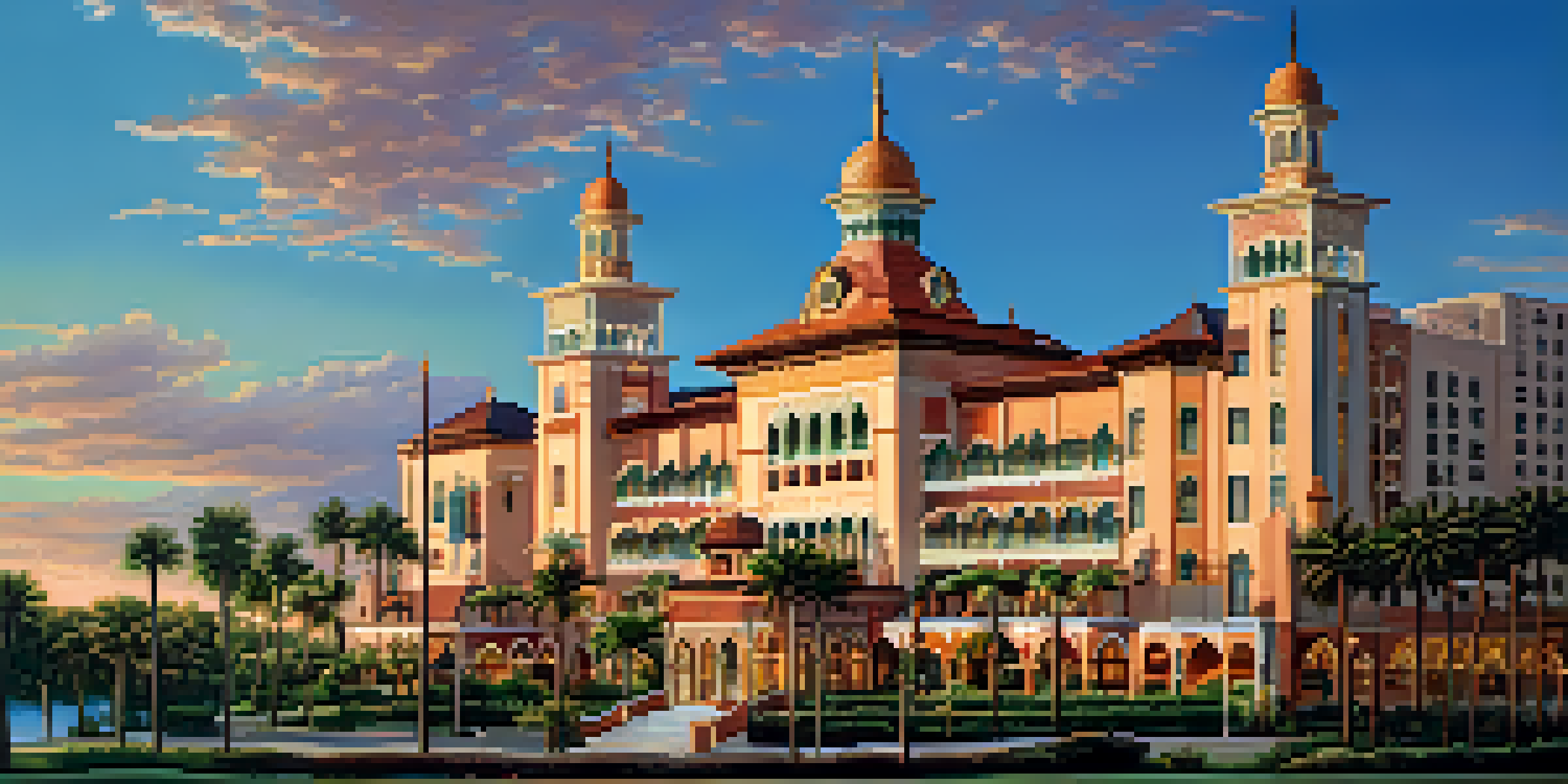A beautiful historic hotel with Moorish architecture, featuring minarets and colorful tiles, surrounded by greenery and a clear sky.