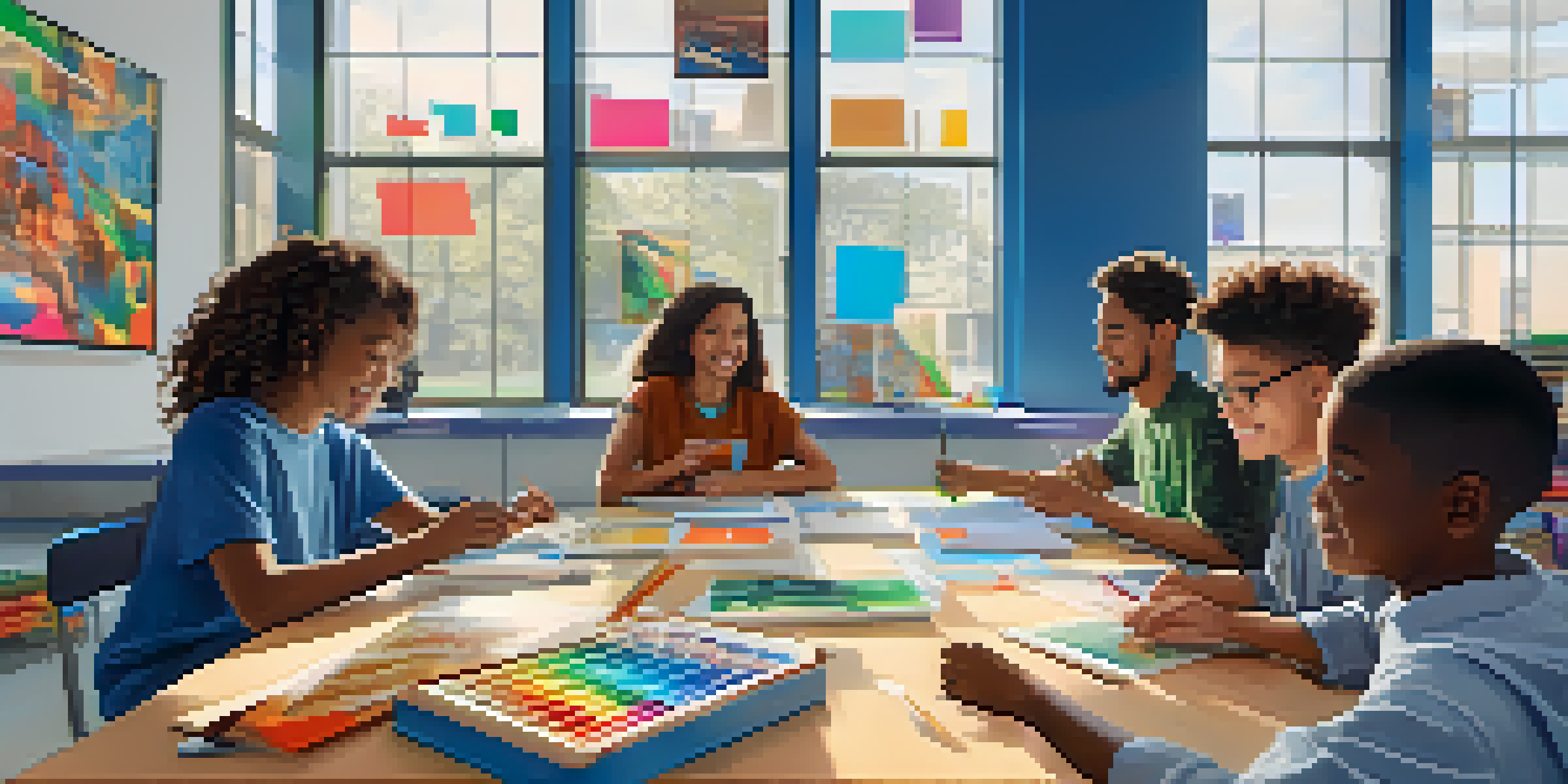A diverse group of students working together in a colorful, modern classroom filled with educational materials and digital screens.