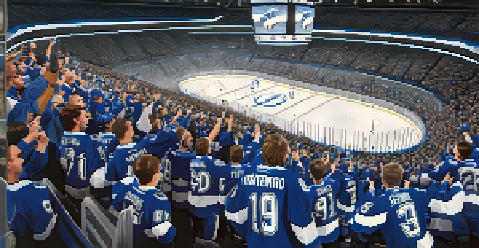 Fans cheering in the Amalie Arena during a Tampa Bay Lightning hockey game, with players on the ice and vibrant arena lights reflecting team colors.