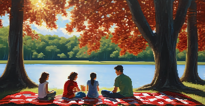 A family having a picnic on a blanket under a tree in a park, with a lake in the background and sunlight filtering through the leaves.