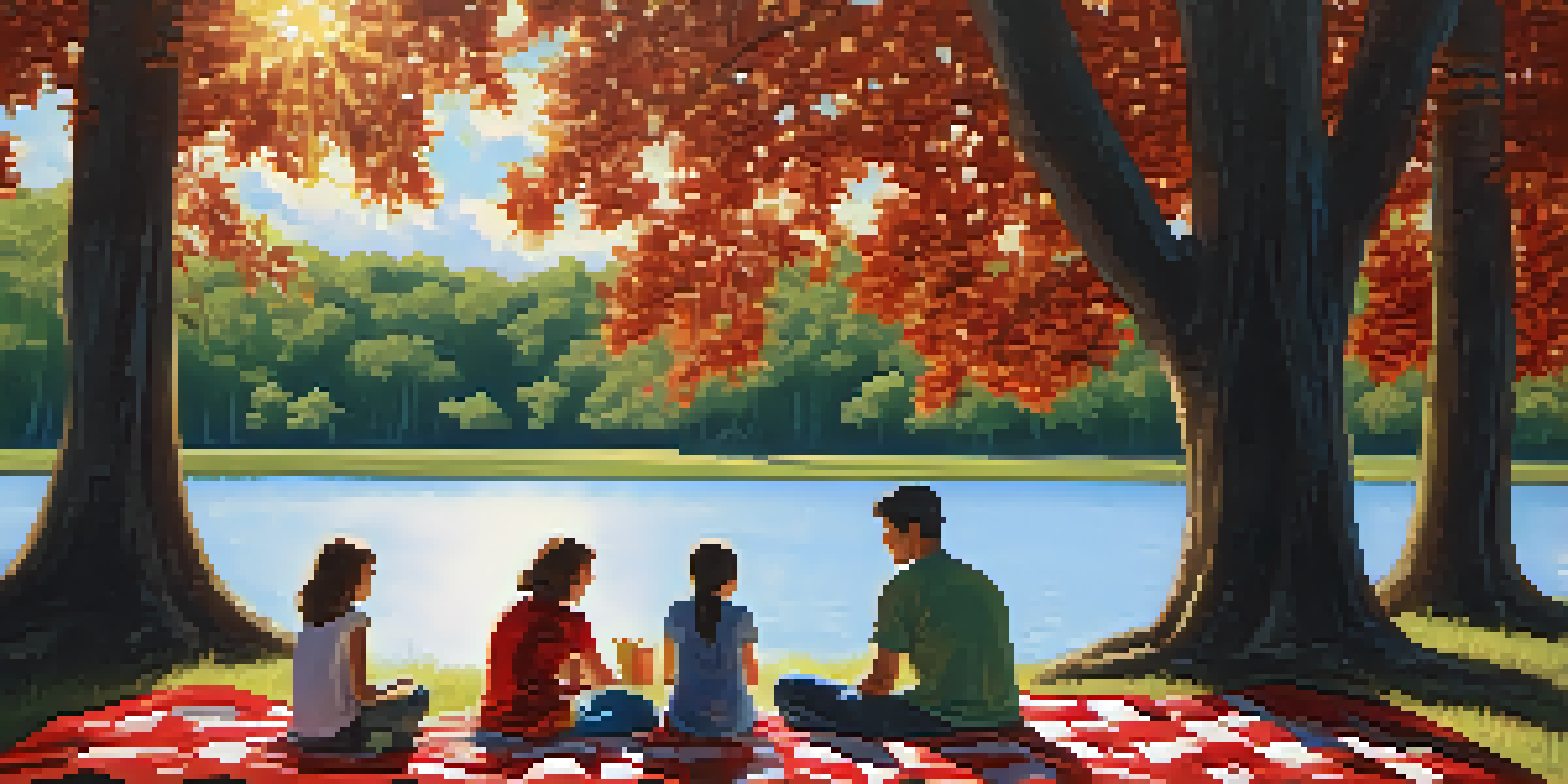 A family having a picnic on a blanket under a tree in a park, with a lake in the background and sunlight filtering through the leaves.