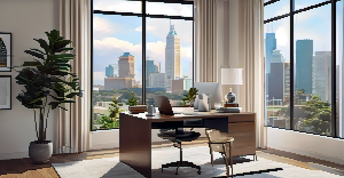 A cozy home office in a spacious Tampa apartment with a view of the city skyline, filled with natural light and stylish decor.