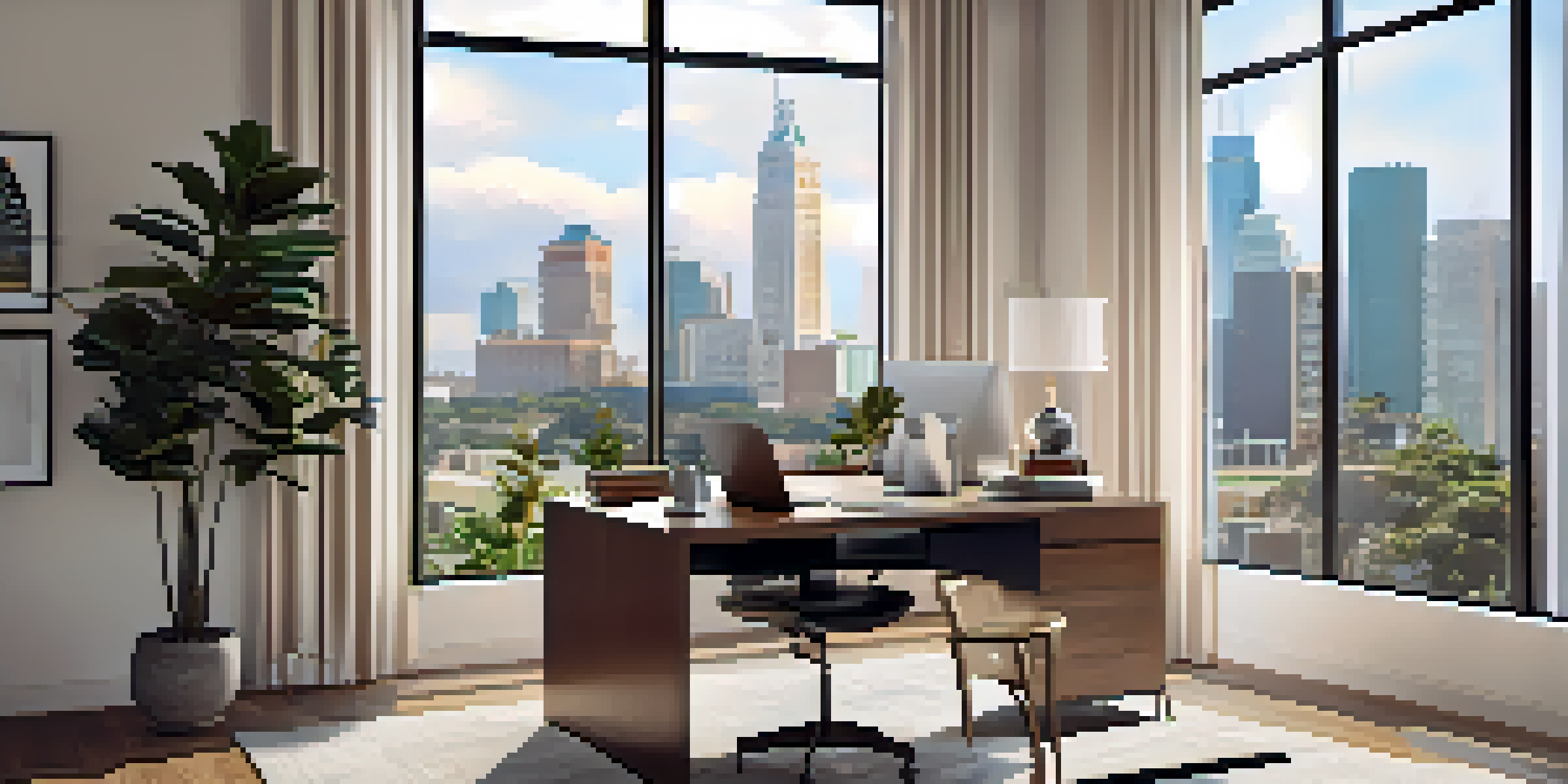 A cozy home office in a spacious Tampa apartment with a view of the city skyline, filled with natural light and stylish decor.