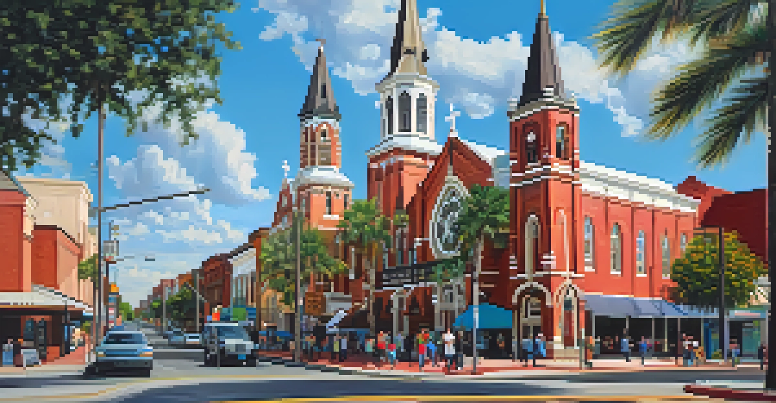 Street scene in Ybor City with Sacred Heart Catholic Church in the background and local residents engaged in community activities.