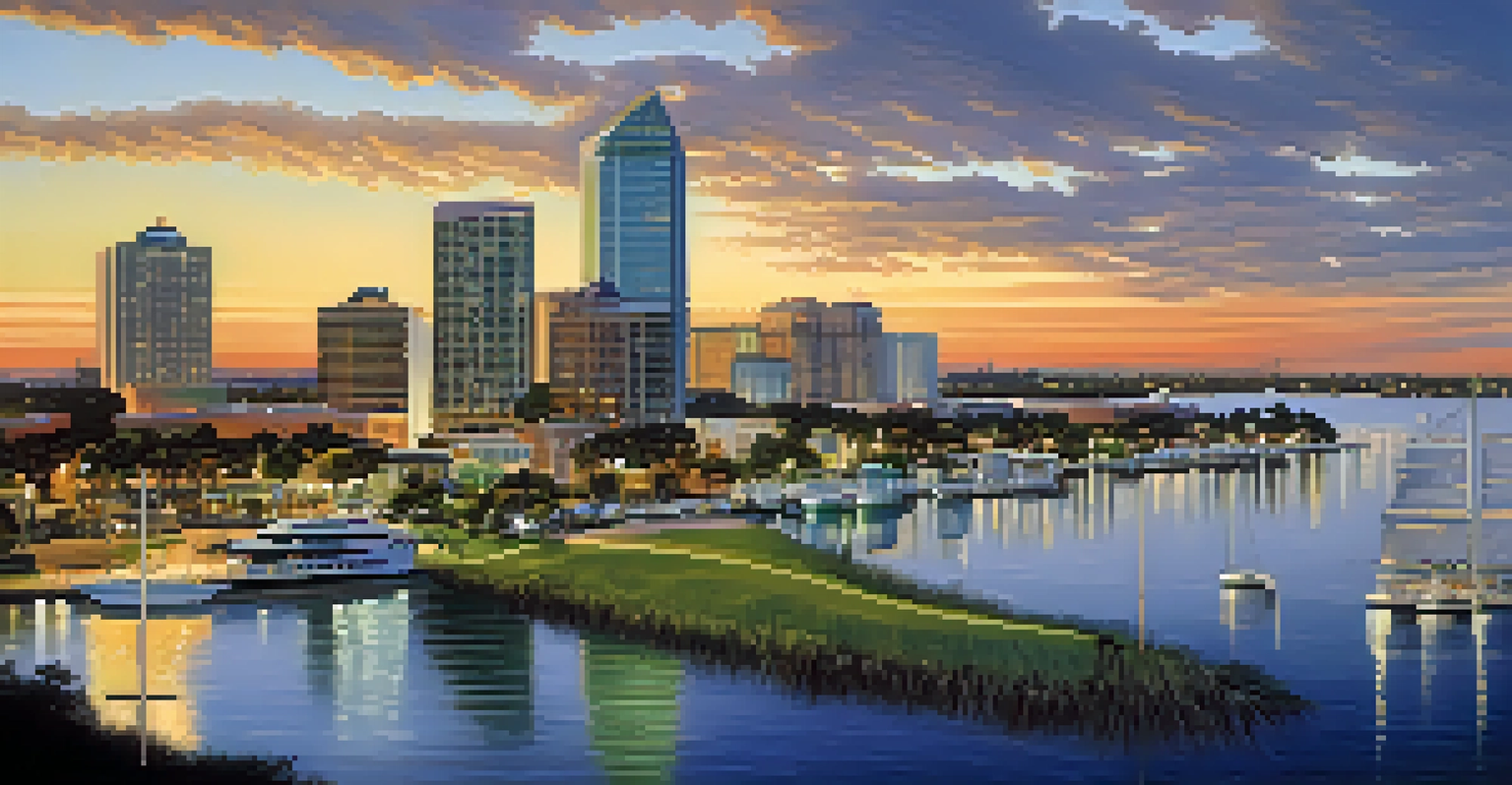An aerial perspective of Tampa's waterfront showing the city skyline next to Tampa Bay, with parks and boats under a golden sunset.