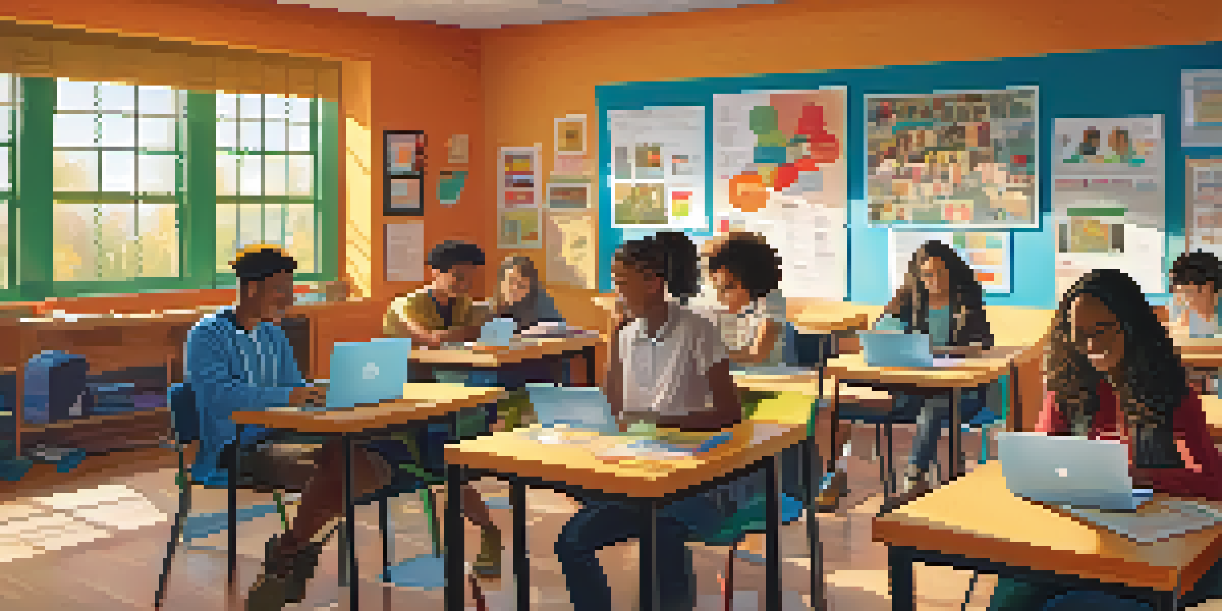 A bright online classroom with diverse students learning on laptops, colorful posters, and sunlight filtering through the window.