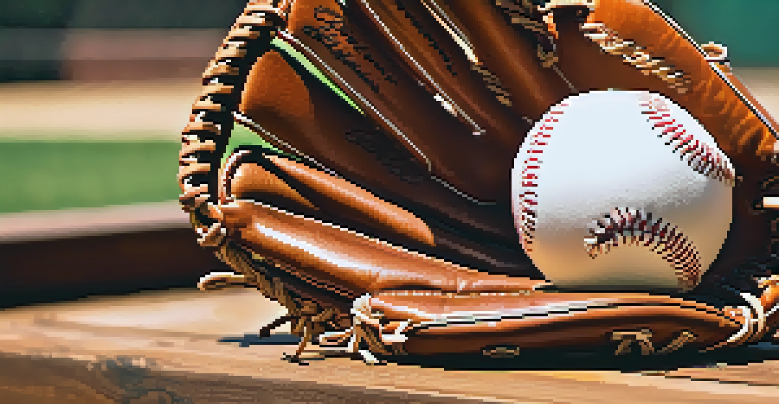 A close-up of a baseball glove and ball on a wooden bench with teammates in the background.