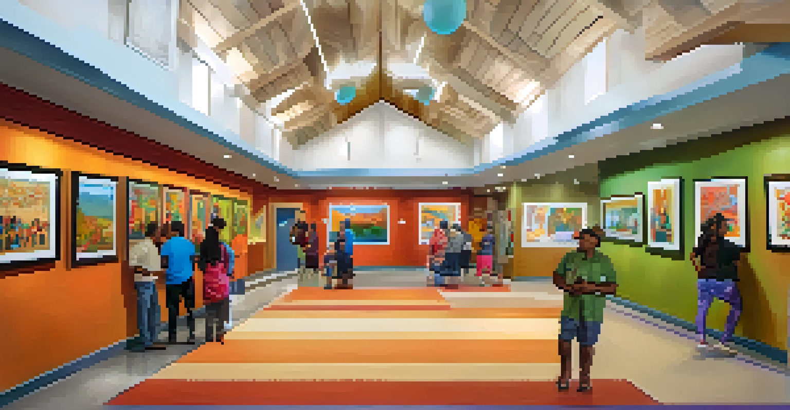 An interior view of a community center with a multicultural art exhibit, showcasing vibrant artwork and diverse people appreciating it.