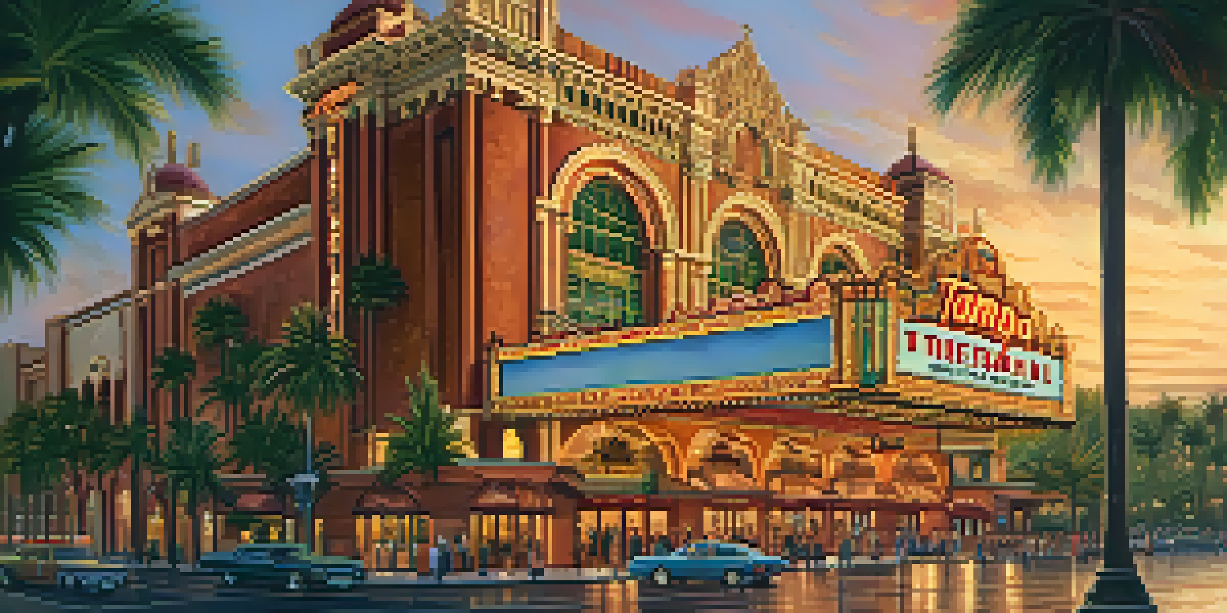 The exterior of Tampa Theatre illuminated by the sunset, highlighting its intricate architecture and lively atmosphere.