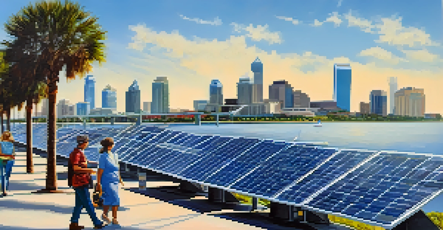 A peaceful waterfront view of Tampa Bay featuring solar panels and a city skyline against clear blue skies, with people strolling along the bay.