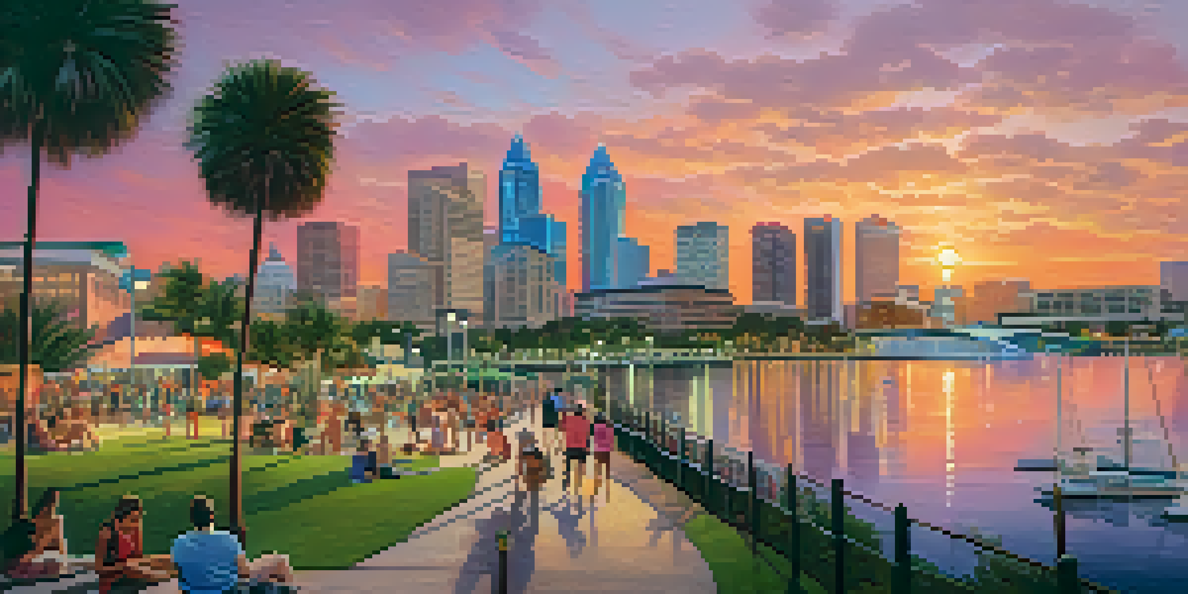 A sunset view of Tampa's skyline with a lively waterfront park filled with people and greenery.